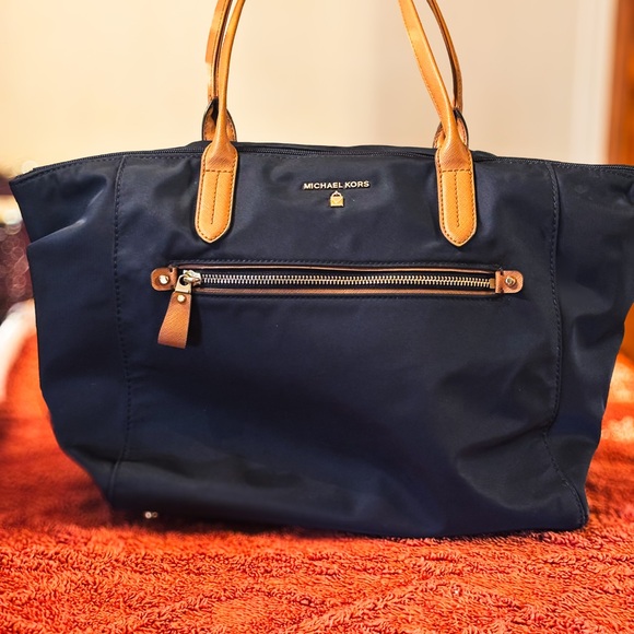 Michael Kors Handbags - Michael Kors Kelsey Blue and Tan Nylon Tote with Gold Hardware